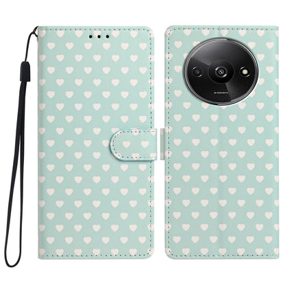 For Redmi A3 Hearts Pattern Buckle Vegan Leather Phone Case with Strap - Mint Green Hearts - EDA009718703D