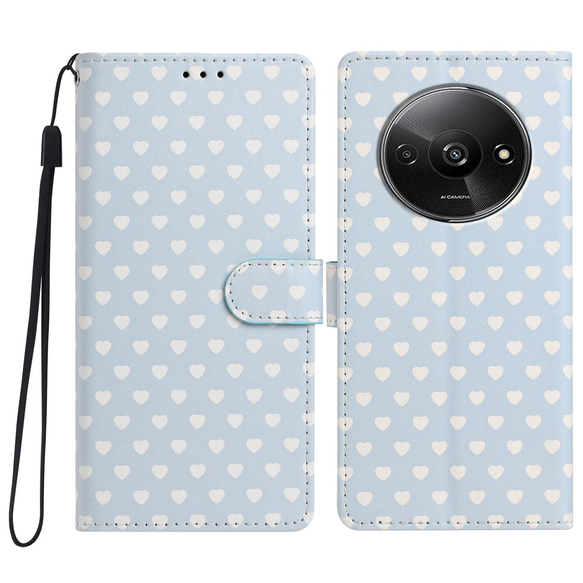 For Redmi A3 Hearts Pattern Buckle Vegan Leather Phone Case with Strap - Blue Hearts - EDA009718703E