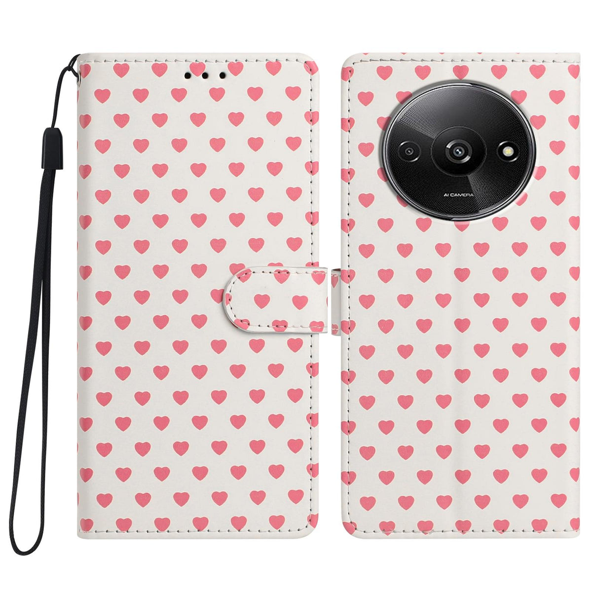 For Redmi A3 Hearts Pattern Buckle Vegan Leather Phone Case with Strap - Beige Hearts - EDA009718703F