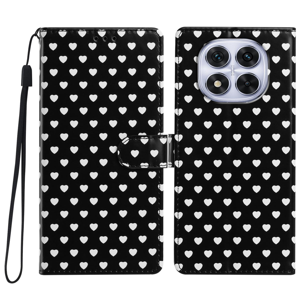 For Redmi Note 14 Pro 4G Hearts Pattern Buckle Vegan Leather Phone Case with Strap - Black Hearts - EDA009718705A