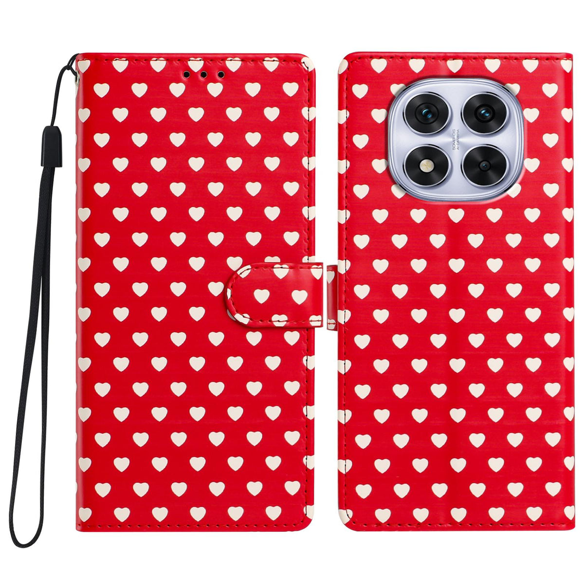 For Redmi Note 14 Pro 4G Hearts Pattern Buckle Vegan Leather Phone Case with Strap - Red Hearts - EDA009718705C