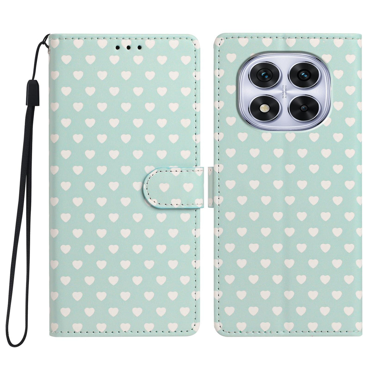 For Redmi Note 14 Pro 4G Hearts Pattern Buckle Vegan Leather Phone Case with Strap - Mint Green Hearts - EDA009718705D