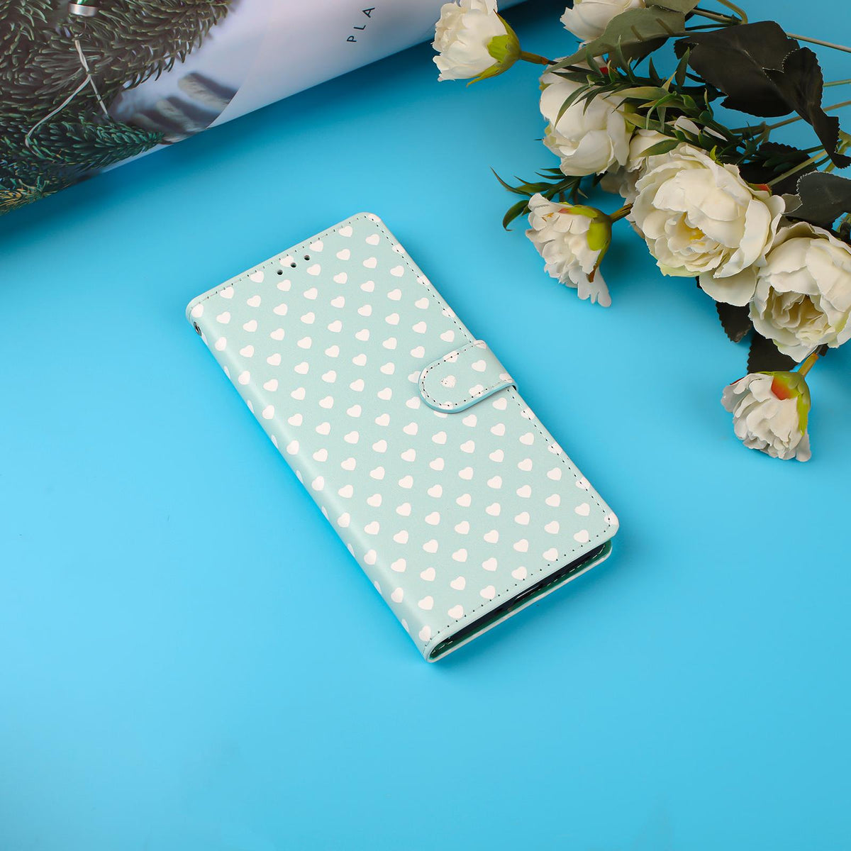 For Redmi Note 14 Pro 4G Hearts Pattern Buckle Vegan Leather Phone Case with Strap - Mint Green Hearts - EDA009718705D