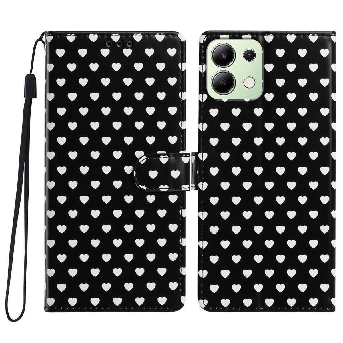 For Redmi Note 13 4G Hearts Pattern Buckle Vegan Leather Phone Case with Strap - Black Hearts - EDA009718711A