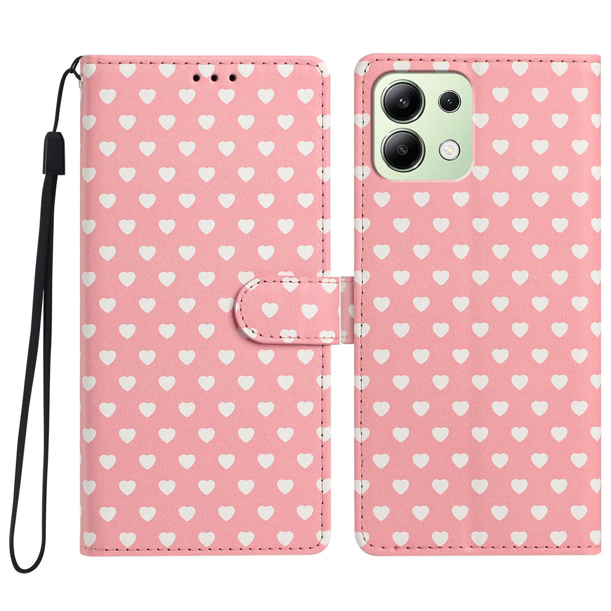 For Redmi Note 13 4G Hearts Pattern Buckle Vegan Leather Phone Case with Strap - Pink Hearts - EDA009718711B