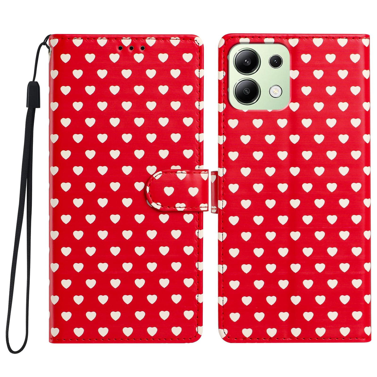 For Redmi Note 13 4G Hearts Pattern Buckle Vegan Leather Phone Case with Strap - Red Hearts - EDA009718711C