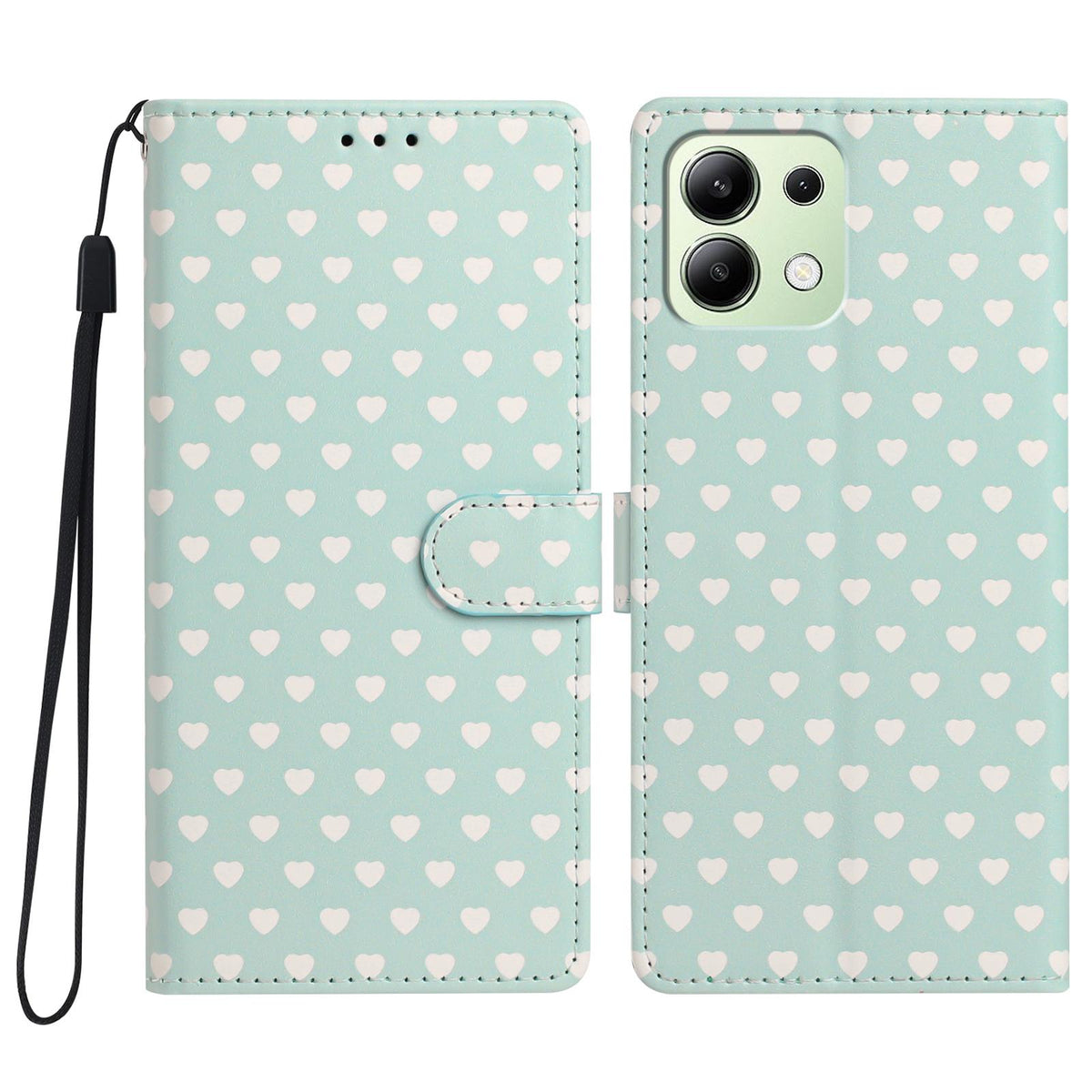 For Redmi Note 13 4G Hearts Pattern Buckle Vegan Leather Phone Case with Strap - Mint Green Hearts - EDA009718711D