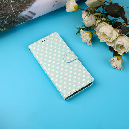For Redmi Note 13 4G Hearts Pattern Buckle Vegan Leather Phone Case with Strap - Mint Green Hearts - EDA009718711D