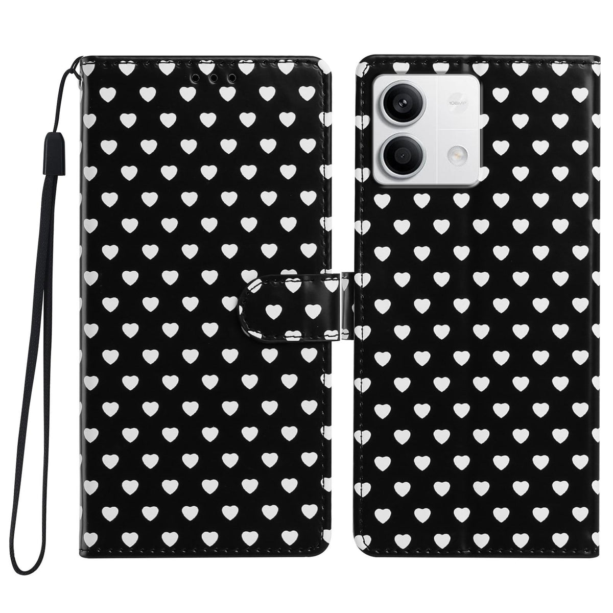 For Redmi Note 13 Hearts Pattern Buckle Vegan Leather Phone Case with Strap - Black Hearts - EDA009718712A
