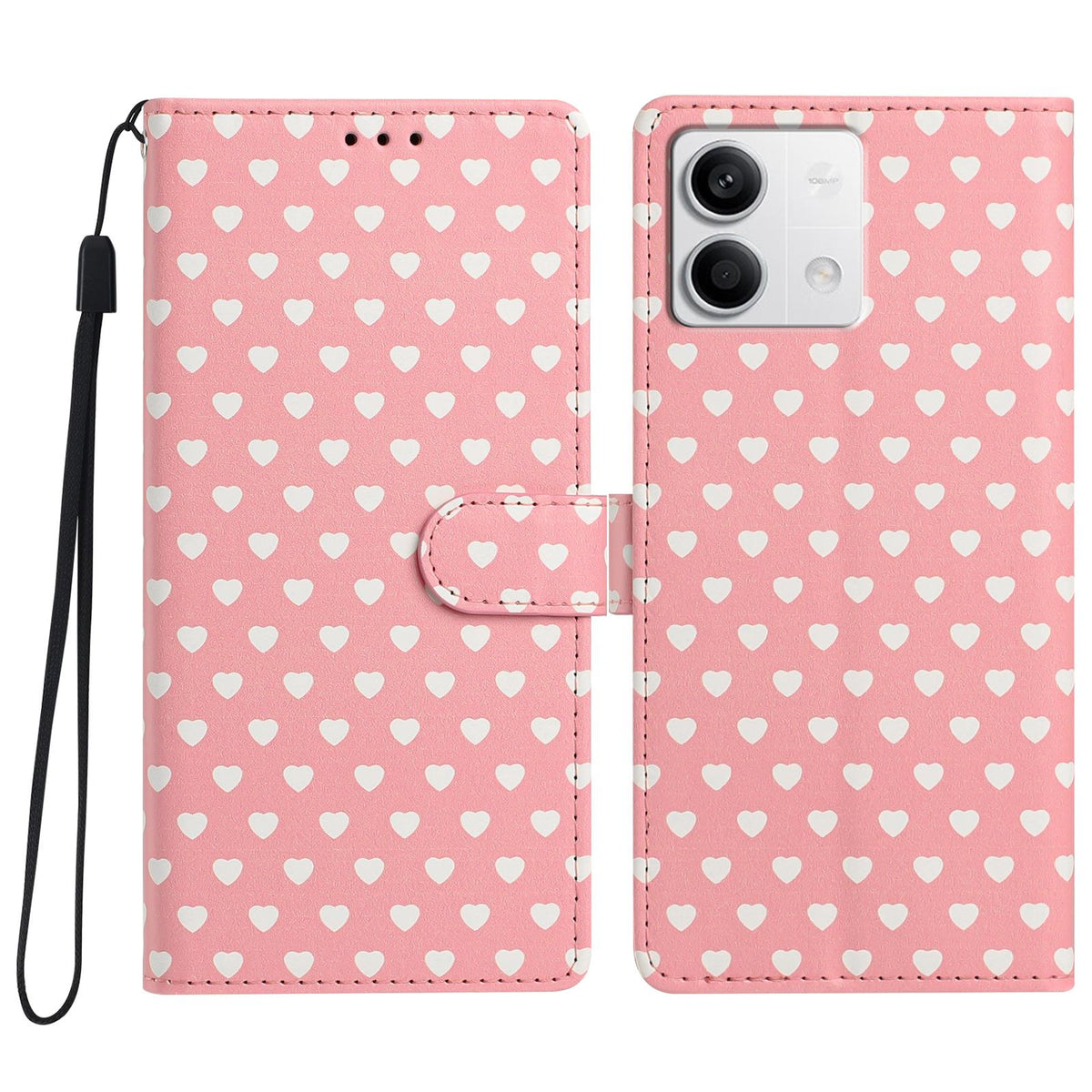 For Redmi Note 13 Hearts Pattern Buckle Vegan Leather Phone Case with Strap - Pink Hearts - EDA009718712B