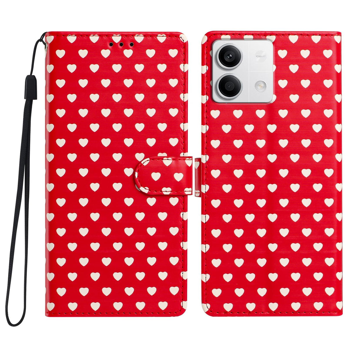 For Redmi Note 13 Hearts Pattern Buckle Vegan Leather Phone Case with Strap - Red Hearts - EDA009718712C