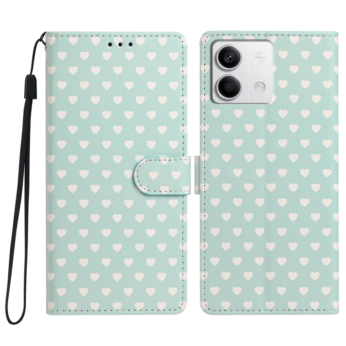 For Redmi Note 13 Hearts Pattern Buckle Vegan Leather Phone Case with Strap - Mint Green Hearts - EDA009718712D