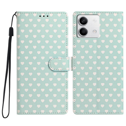 For Redmi Note 13 Hearts Pattern Buckle Vegan Leather Phone Case with Strap - Mint Green Hearts - EDA009718712D