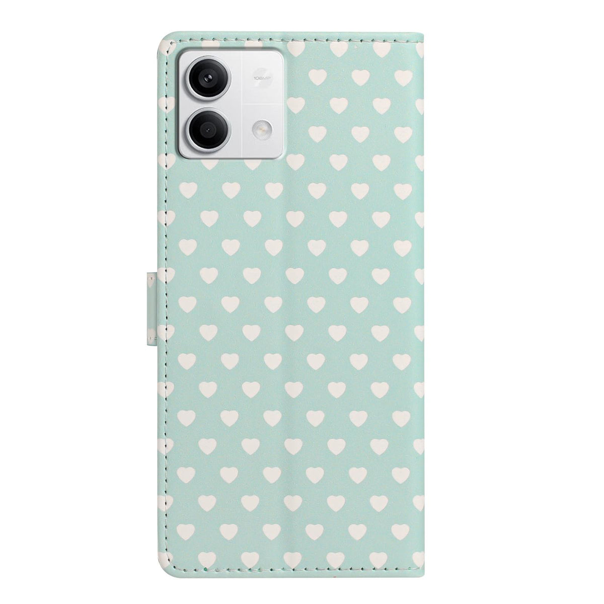 For Redmi Note 13 Hearts Pattern Buckle Vegan Leather Phone Case with Strap - Mint Green Hearts - EDA009718712D
