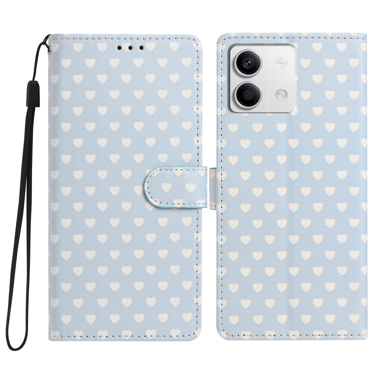 For Redmi Note 13 Hearts Pattern Buckle Vegan Leather Phone Case with Strap - Blue Hearts - EDA009718712E