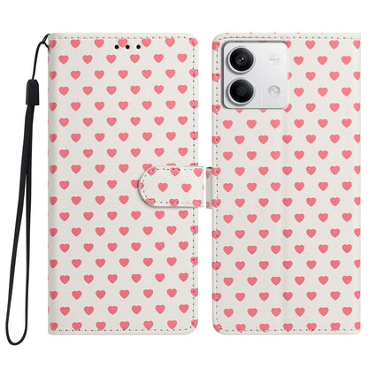 For Redmi Note 13 Hearts Pattern Buckle Vegan Leather Phone Case with Strap - Beige Hearts - EDA009718712F