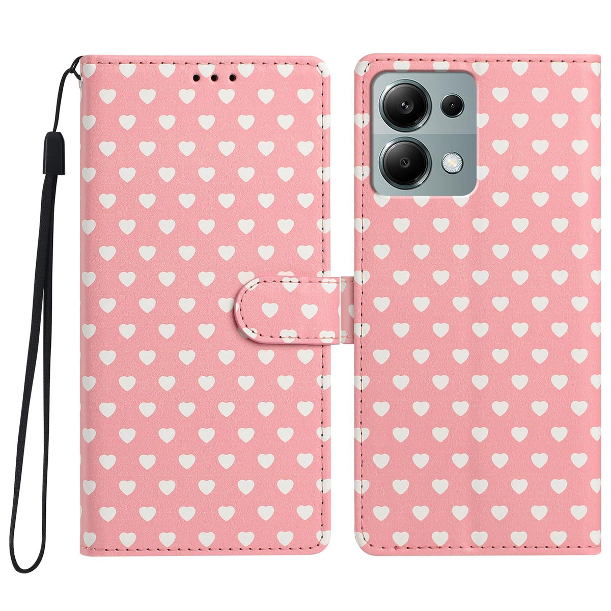 For Redmi Note 13 Pro 4G Hearts Pattern Buckle Vegan Leather Phone Case with Strap - Pink Hearts - EDA009718713B
