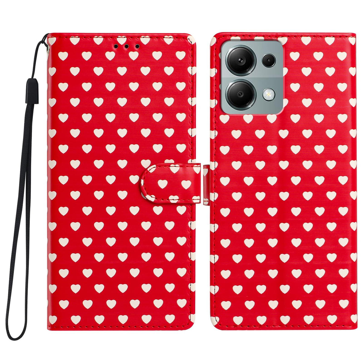 For Redmi Note 13 Pro 4G Hearts Pattern Buckle Vegan Leather Phone Case with Strap - Red Hearts - EDA009718713C