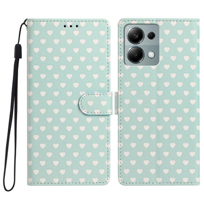 For Redmi Note 13 Pro 4G Hearts Pattern Buckle Vegan Leather Phone Case with Strap - Mint Green Hearts - EDA009718713D