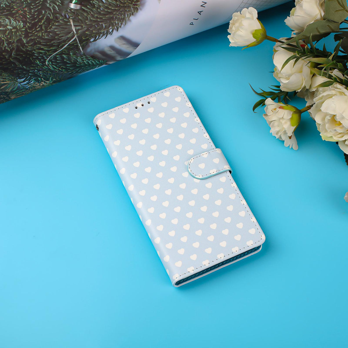For Redmi Note 13 Pro 4G Hearts Pattern Buckle Vegan Leather Phone Case with Strap - Blue Hearts - EDA009718713E