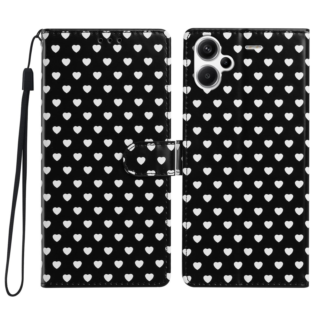 For Redmi Note 13 Pro+ Hearts Pattern Buckle Vegan Leather Phone Case with Strap - Black Hearts - EDA009718715A