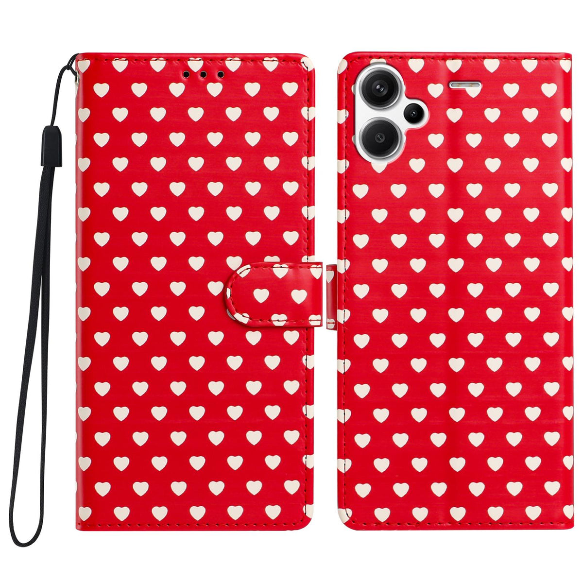 For Redmi Note 13 Pro+ Hearts Pattern Buckle Vegan Leather Phone Case with Strap - Red Hearts - EDA009718715C