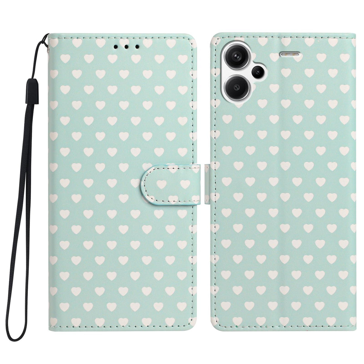 For Redmi Note 13 Pro+ Hearts Pattern Buckle Vegan Leather Phone Case with Strap - Mint Green Hearts - EDA009718715D