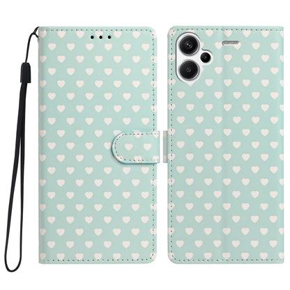 For Redmi Note 13 Pro+ Hearts Pattern Buckle Vegan Leather Phone Case with Strap - Mint Green Hearts - EDA009718715D