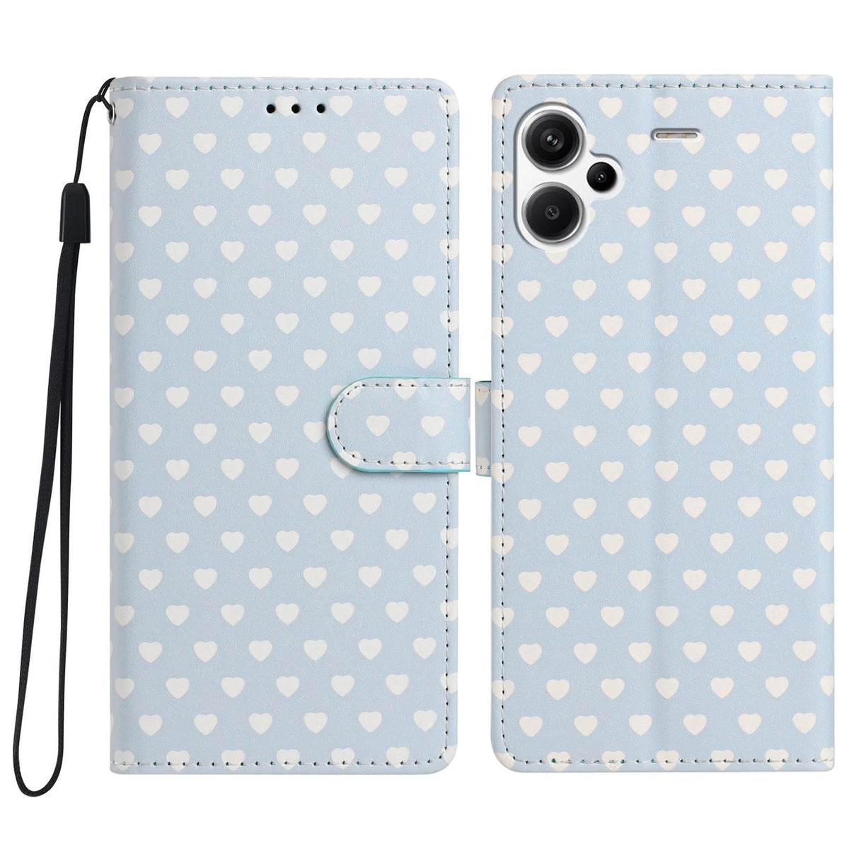 For Redmi Note 13 Pro+ Hearts Pattern Buckle Vegan Leather Phone Case with Strap - Blue Hearts - EDA009718715E