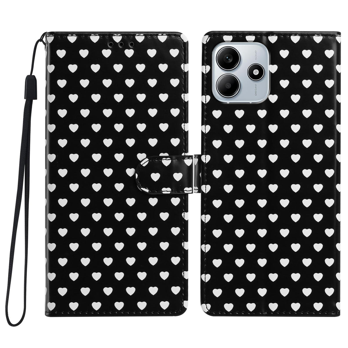 For Redmi Note 14 5G Hearts Pattern Buckle Vegan Leather Phone Case with Strap - Black Hearts - EDA009718717A