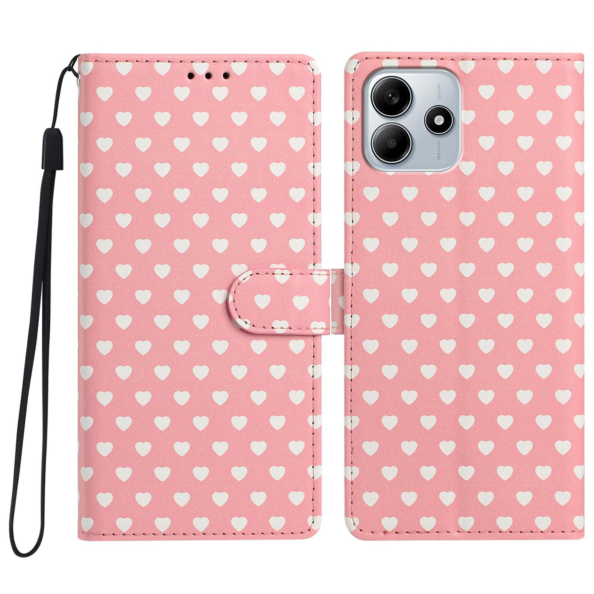 For Redmi Note 14 5G Hearts Pattern Buckle Vegan Leather Phone Case with Strap - Pink Hearts - EDA009718717B