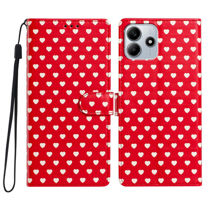 For Redmi Note 14 5G Hearts Pattern Buckle Vegan Leather Phone Case with Strap - Red Hearts - EDA009718717C