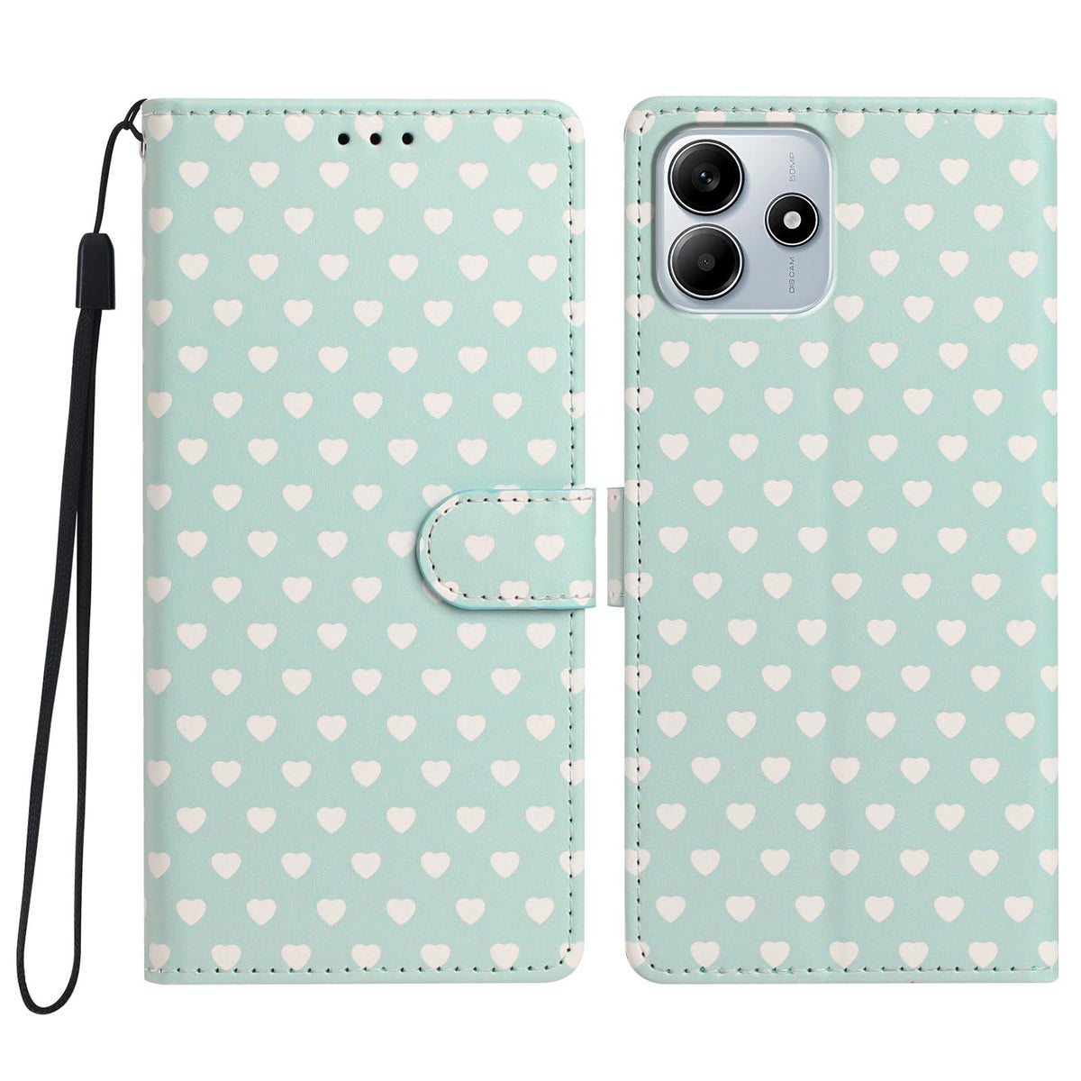 For Redmi Note 14 5G Hearts Pattern Buckle Vegan Leather Phone Case with Strap - Mint Green Hearts - EDA009718717D