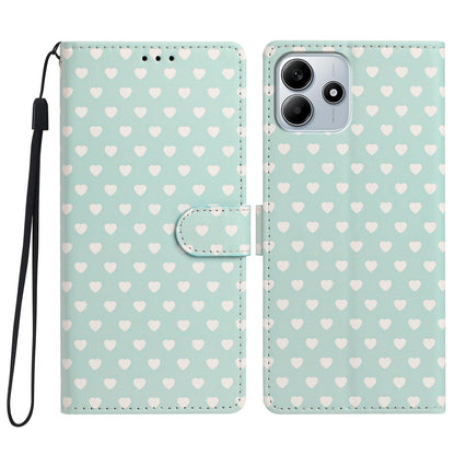 For Redmi Note 14 5G Hearts Pattern Buckle Vegan Leather Phone Case with Strap - Mint Green Hearts - EDA009718717D