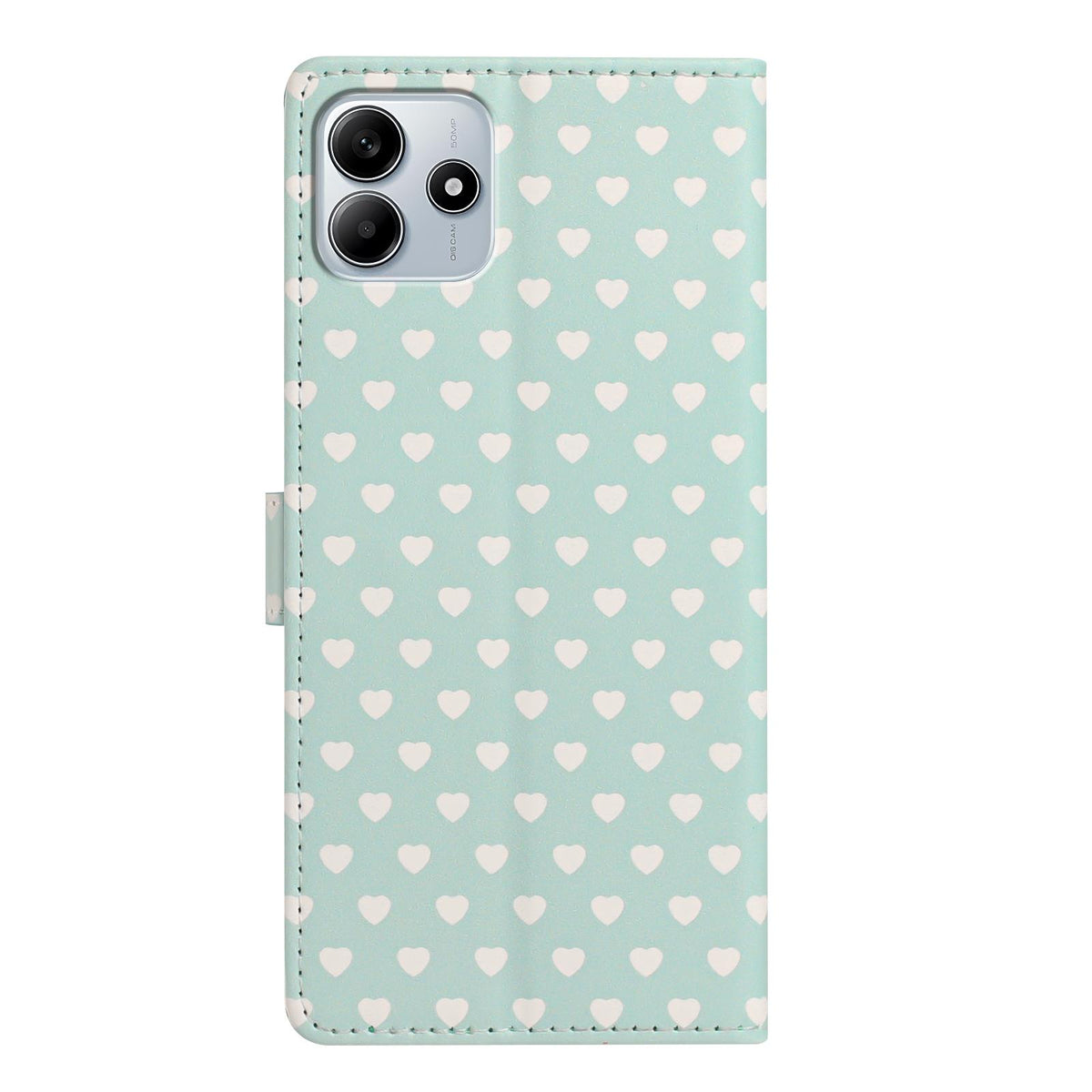 For Redmi Note 14 5G Hearts Pattern Buckle Vegan Leather Phone Case with Strap - Mint Green Hearts - EDA009718717D