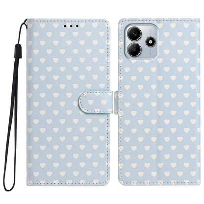 For Redmi Note 14 5G Hearts Pattern Buckle Vegan Leather Phone Case with Strap - Blue Hearts - EDA009718717E
