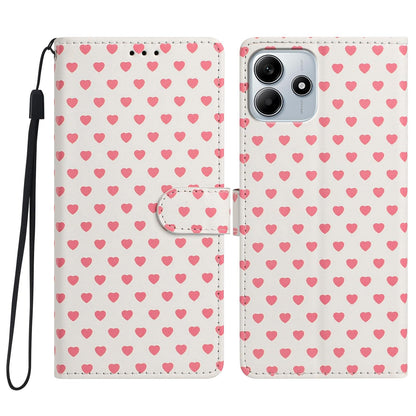 For Redmi Note 14 5G Hearts Pattern Buckle Vegan Leather Phone Case with Strap - Beige Hearts - EDA009718717F