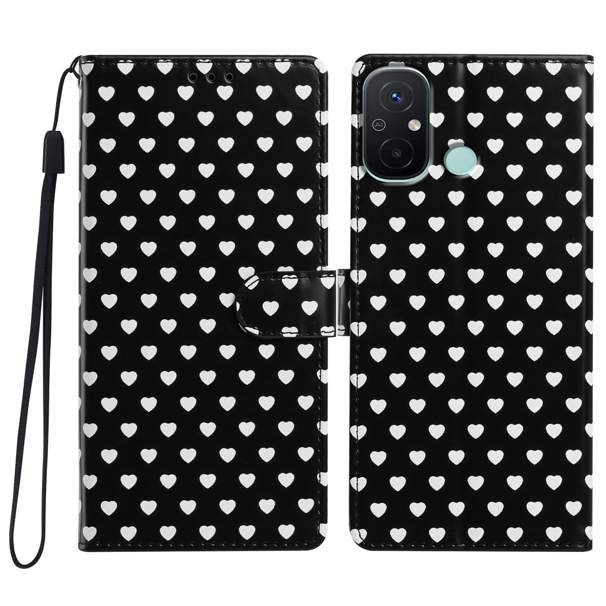 For Redmi 12C Hearts Pattern Buckle Vegan Leather Phone Case with Strap - Black Hearts - EDA009718718A