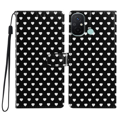 For Redmi 12C Hearts Pattern Buckle Vegan Leather Phone Case with Strap - Black Hearts - EDA009718718A