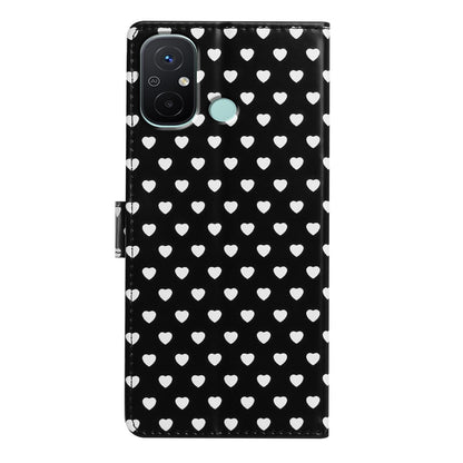 For Redmi 12C Hearts Pattern Buckle Vegan Leather Phone Case with Strap - Black Hearts - EDA009718718A