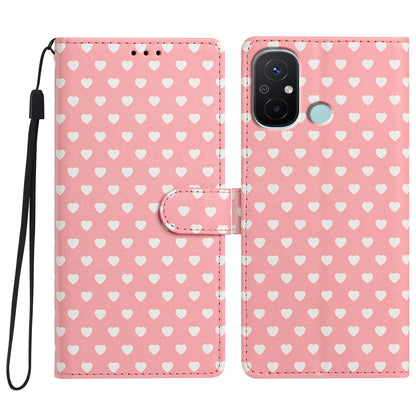 For Redmi 12C Hearts Pattern Buckle Vegan Leather Phone Case with Strap - Pink Hearts - EDA009718718B