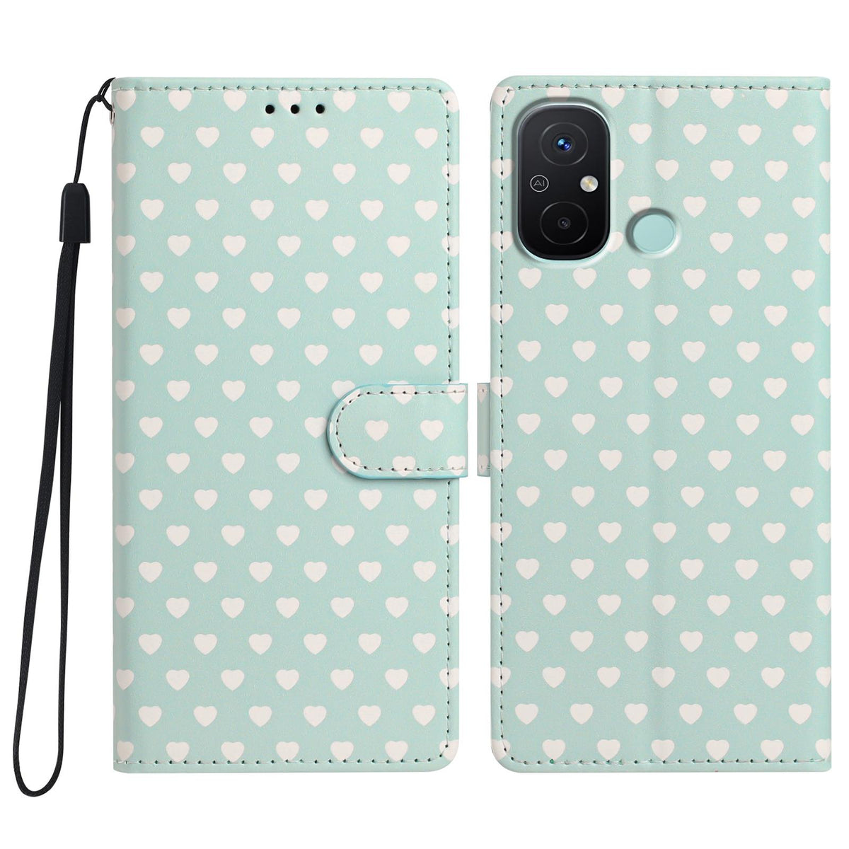 For Redmi 12C Hearts Pattern Buckle Vegan Leather Phone Case with Strap - Mint Green Hearts - EDA009718718D