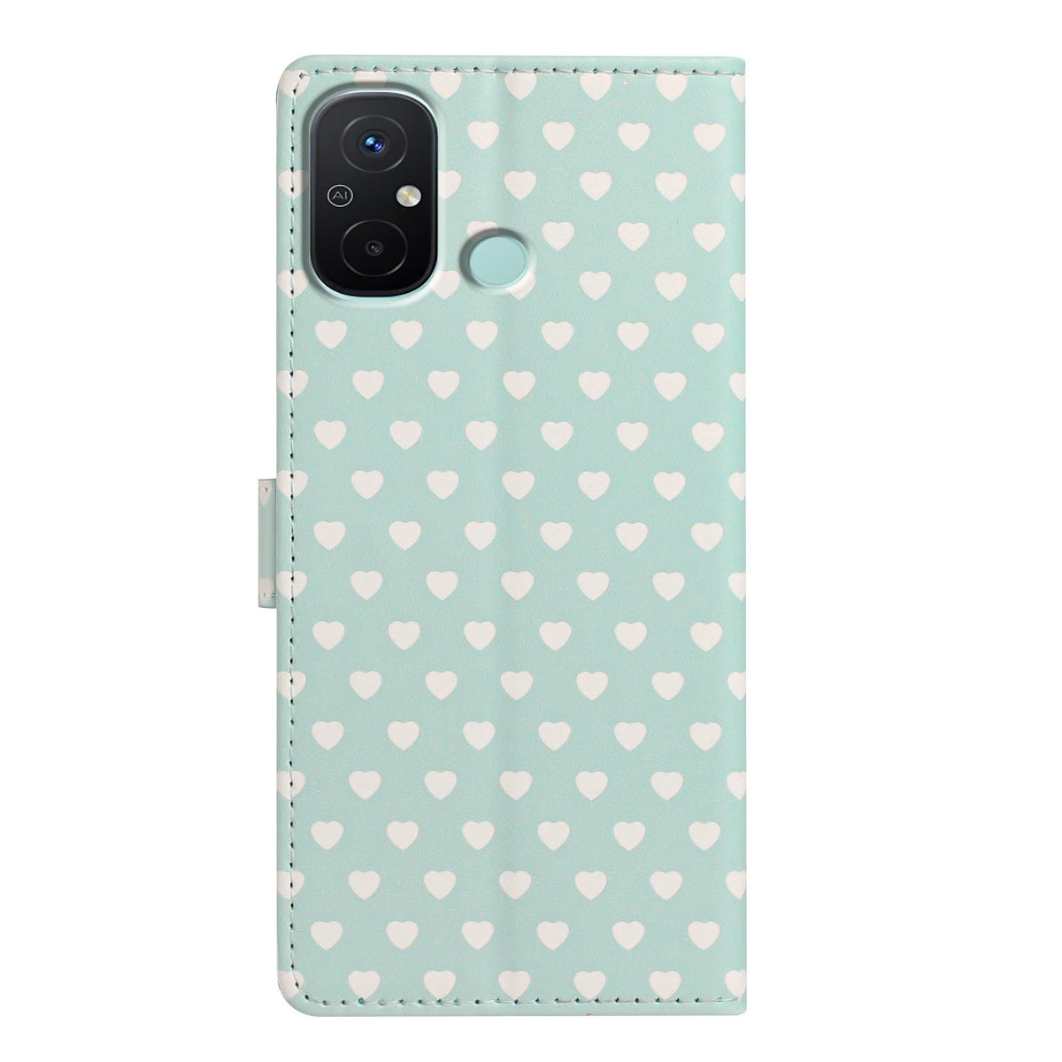 For Redmi 12C Hearts Pattern Buckle Vegan Leather Phone Case with Strap - Mint Green Hearts - EDA009718718D
