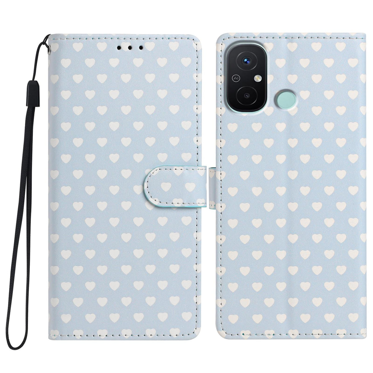 For Redmi 12C Hearts Pattern Buckle Vegan Leather Phone Case with Strap - Blue Hearts - EDA009718718E