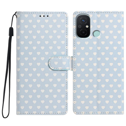 For Redmi 12C Hearts Pattern Buckle Vegan Leather Phone Case with Strap - Blue Hearts - EDA009718718E