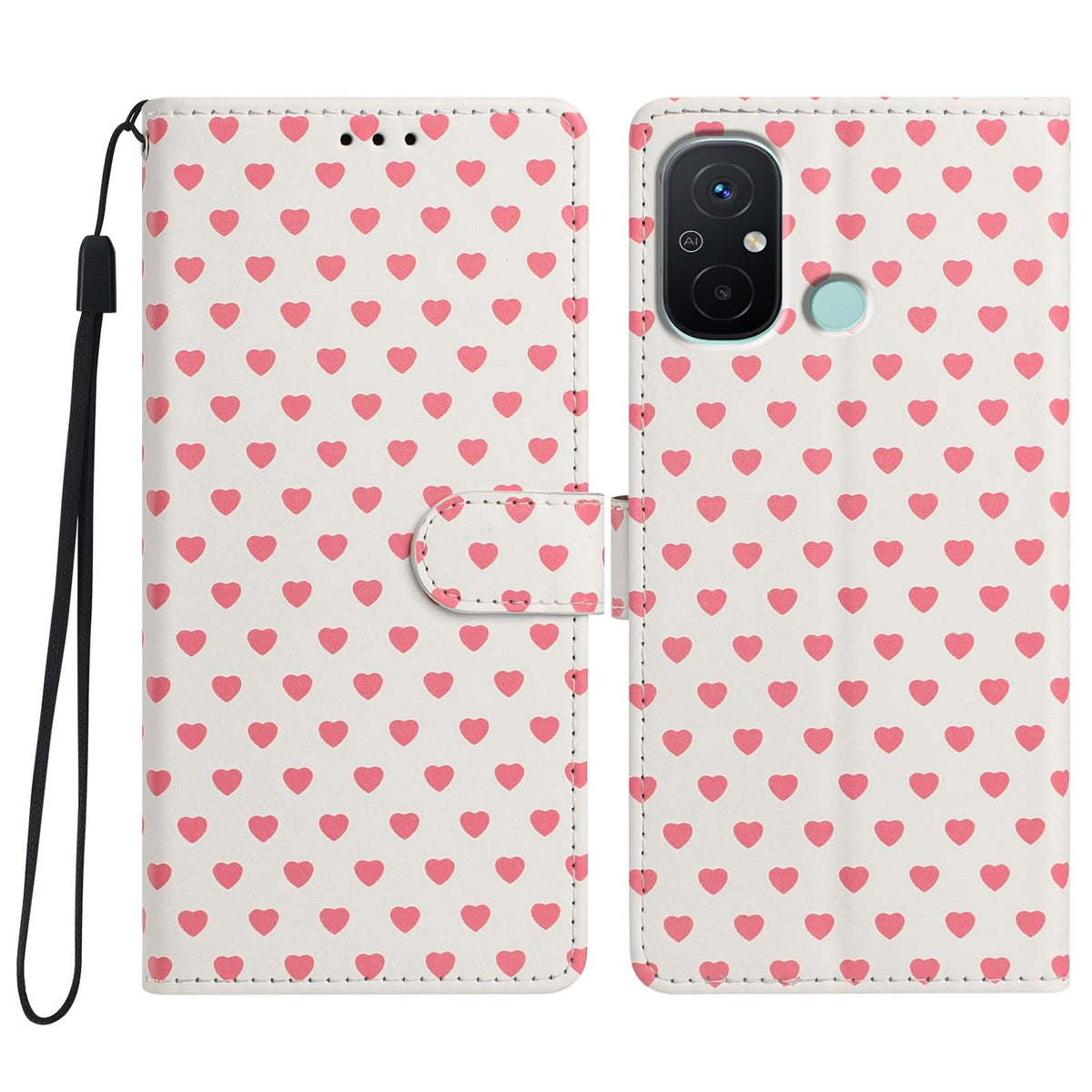 For Redmi 12C Hearts Pattern Buckle Vegan Leather Phone Case with Strap - Beige Hearts - EDA009718718F
