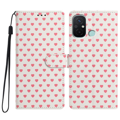 For Redmi 12C Hearts Pattern Buckle Vegan Leather Phone Case with Strap - Beige Hearts - EDA009718718F