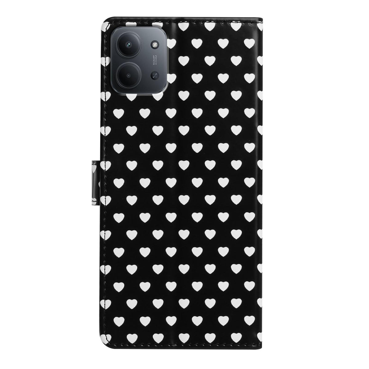 For Redmi 15C 5G / 4G EU 173mm Hearts Pattern Buckle Vegan Leather Phone Case with Strap - Black Hearts - EDA009718720A