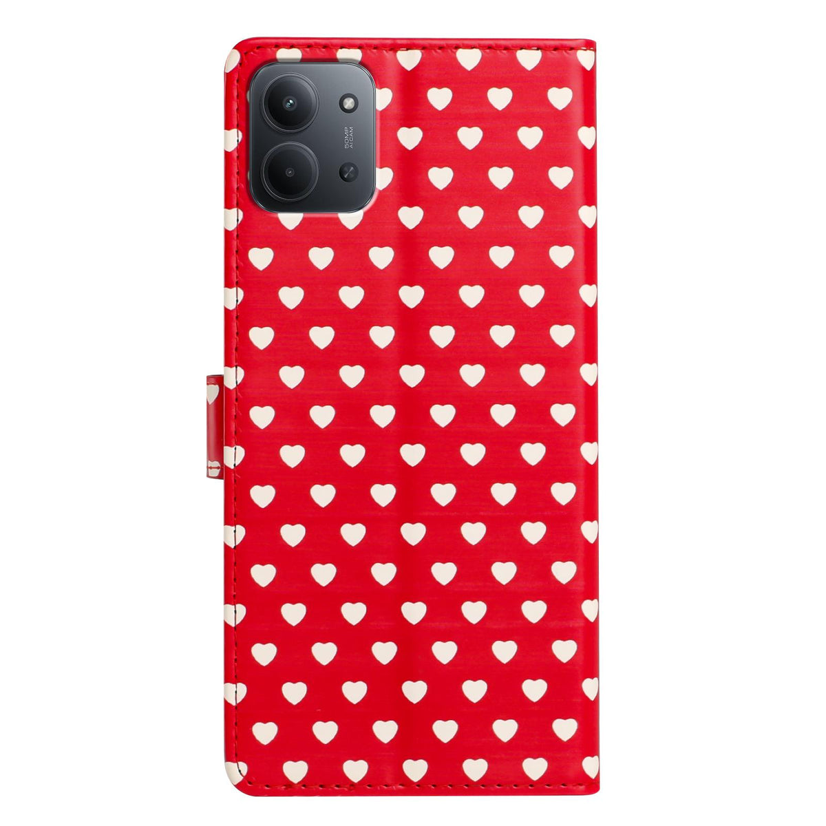 For Redmi 15C 5G / 4G EU 173mm Hearts Pattern Buckle Vegan Leather Phone Case with Strap - Red Hearts - EDA009718720C