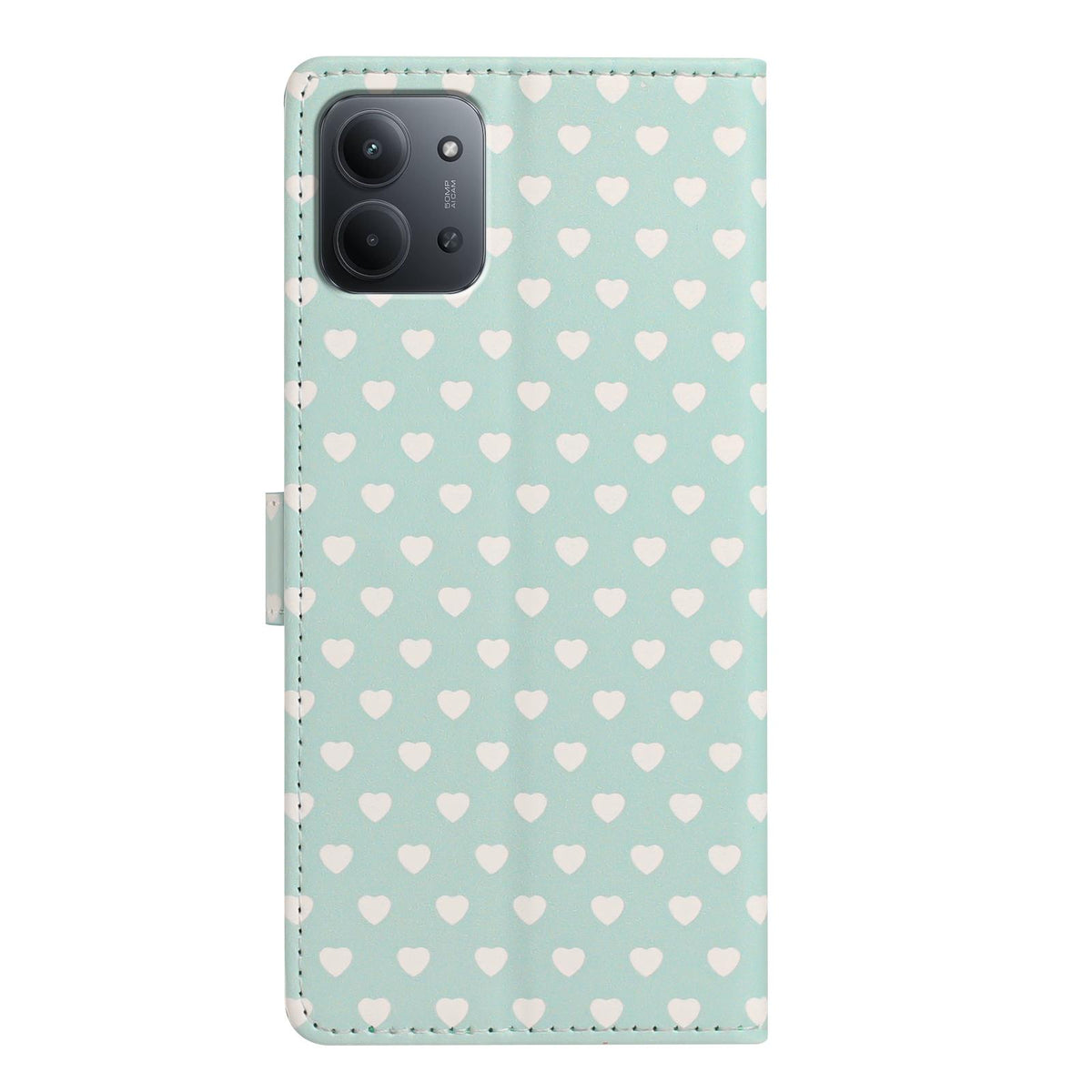 For Redmi 15C 5G / 4G EU 173mm Hearts Pattern Buckle Vegan Leather Phone Case with Strap - Mint Green Hearts - EDA009718720D